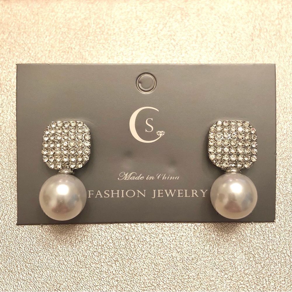 Pave CZ and Faux Pearl Drop Earrings | Silver Tone | 1” Length